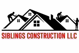 Siblings Construction LLC logo featuring silhouetted roofing workers on house roofs with company name in red text